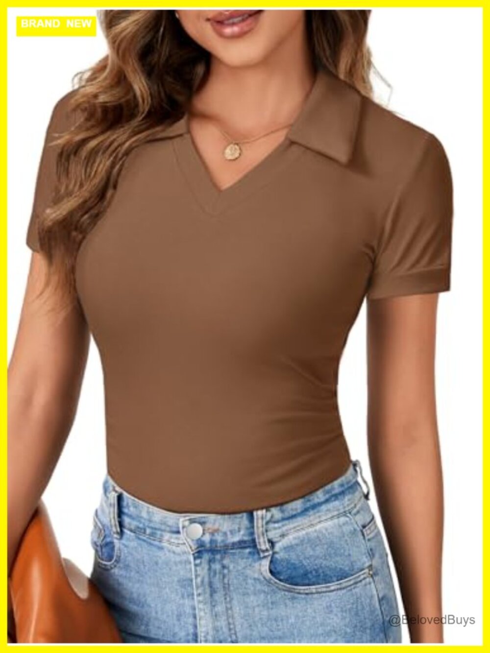 Collared V Neck Polo Shirt Fitted Work Top Short Sleeve Rayon Spandex